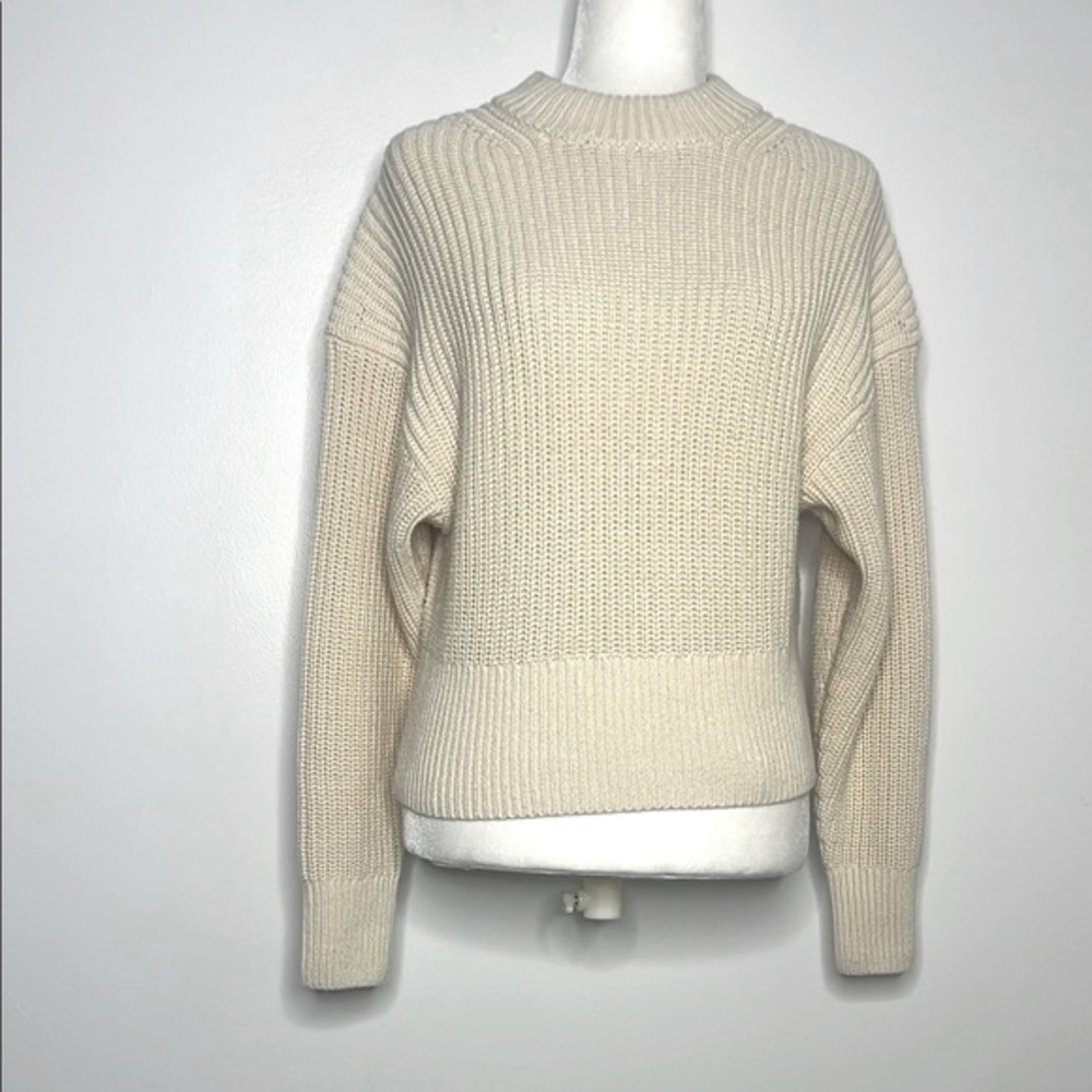 Everlane The Texture Cotton Crew cream Contrast Trim Chunky Knit Sweater size XS